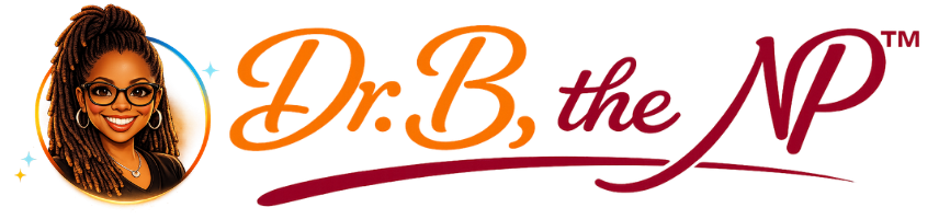 Stylized horizontal logo for Dr. B, the NP™ featuring an illustrated portrait of a smiling African American female nurse practitioner with locs and glasses beside elegant script lettering in burnt orange and burgundy with a trademark symbol.