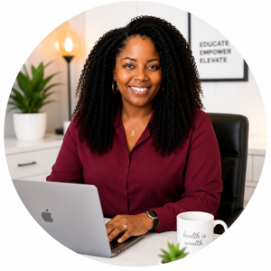Dr. Jinaya Beatty, DNP, CRNP, known as Dr. B, the NP™, working at her computer in a modern office.