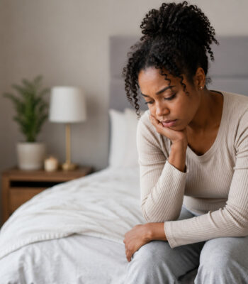 Black woman sitting on a bed reflecting on recurring BV symptoms and vaginal health concerns