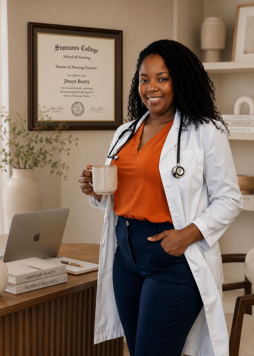 Dr. Jinaya Beatty, CRNP doctoral-prepared Family Nurse Practitioner, smiling in her wellness office.