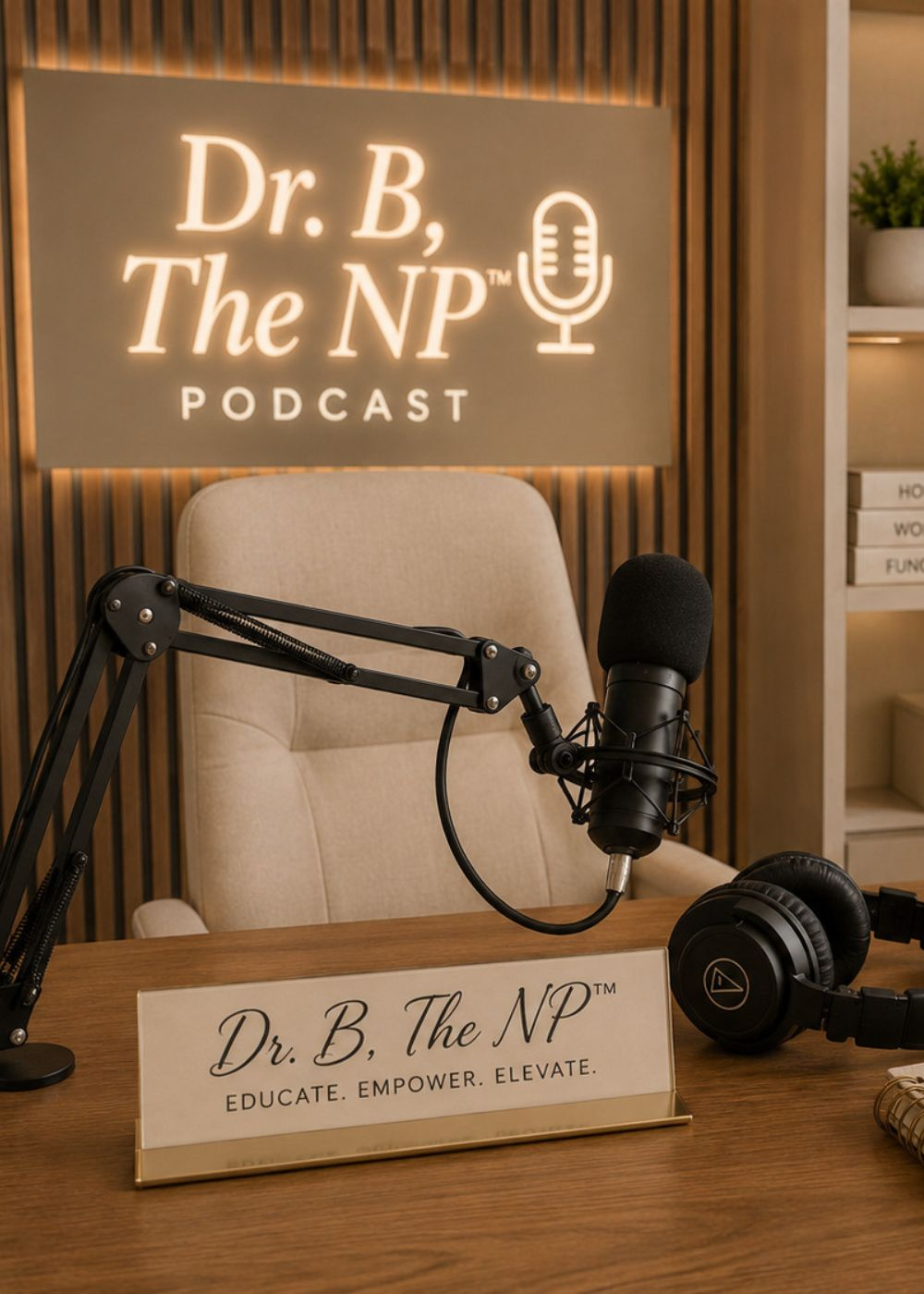 Professional podcast studio featuring microphone, headphones, and wellness-focused workspace for Health Tea with Dr. B, the NP®