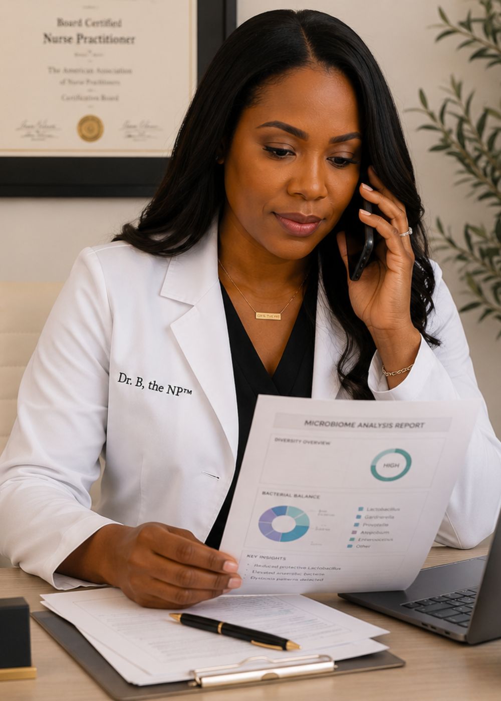 Dr. Jinaya Beatty, CRNP, speaking with a patient and reviewing health information during a women's health consultation.