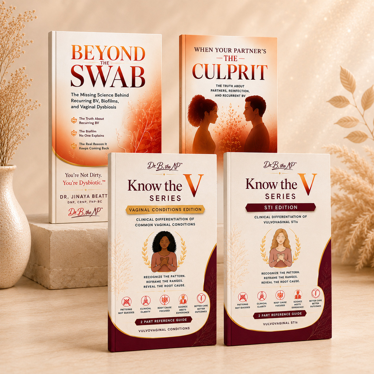 The BV Mastery Bundle by Dr. B, the NP featuring Beyond the Swab, When Your Partner's the Culprit, Know the V Series Vaginal Conditions Edition, and Know the V Series STI Edition educational women's vaginal health resources.