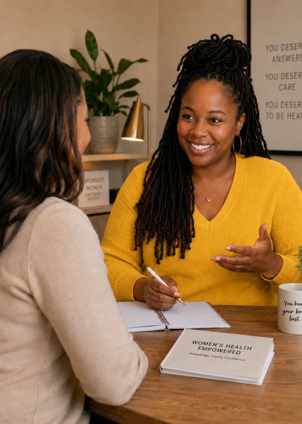 Dr. B, the NP™ speaking with a female patient during a women’s health consultation in a warm office setting.