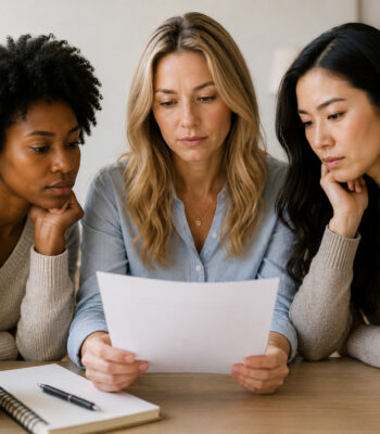Three women reviewing laboratory results together while discussing ongoing symptoms and searching for answers beyond normal lab findings