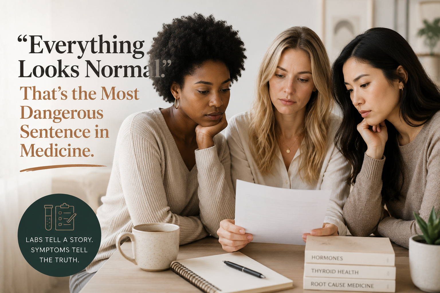 Three women reviewing lab results together while searching for answers about persistent symptoms despite normal laboratory findings