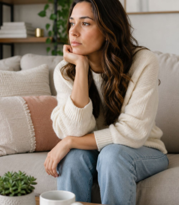 Woman sitting on a couch reflecting on PCOS symptoms, hormone health, and weight concerns