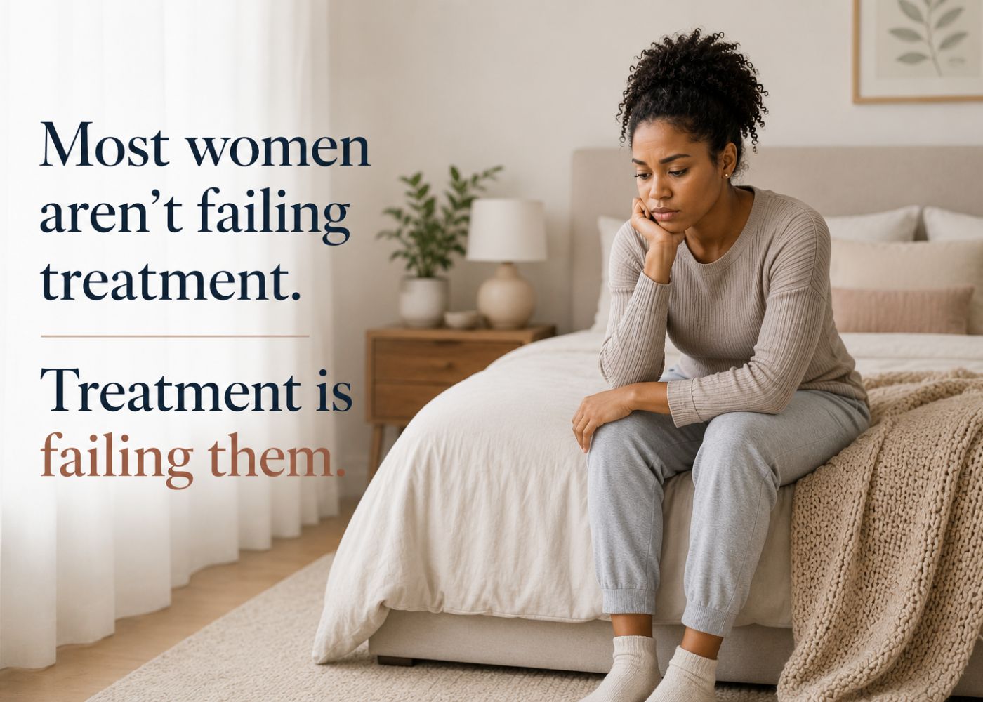 Black woman sitting on the edge of a bed reflecting on recurrent BV and vaginal health concerns