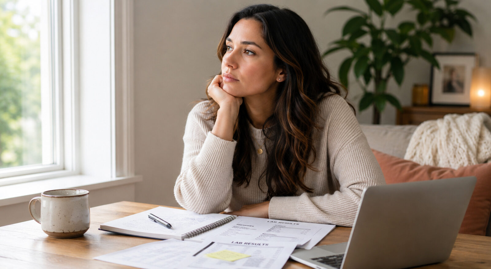 Woman reviewing health information and lab results while searching for answers about PCOS symptoms and hormone imbalance