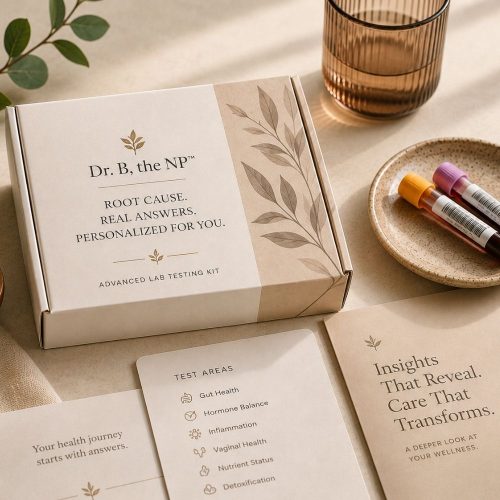 Luxury root-cause wellness testing kit with lab tubes and personalized health materials