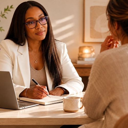 Dr. B, the NP providing personalized wellness consultation in a warm modern office setting